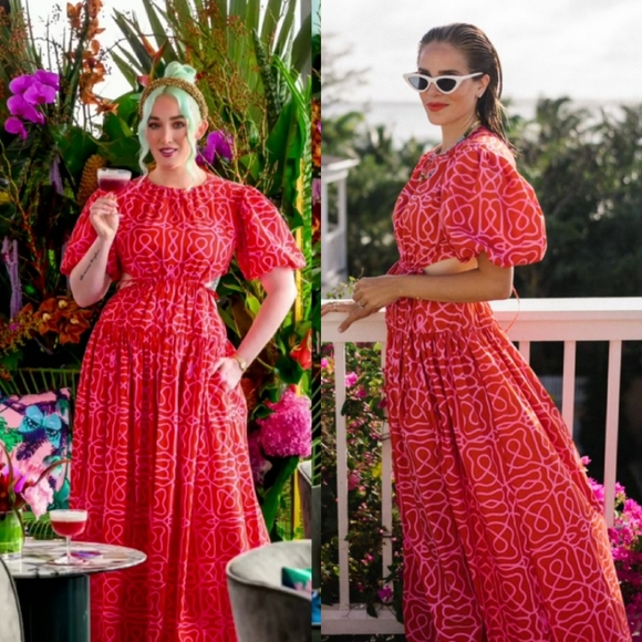 Agua by Agua Bendita Samba  Cutout-Back Print Puff Sleeve Maxi Dress Red Large - Picture 6 of 15